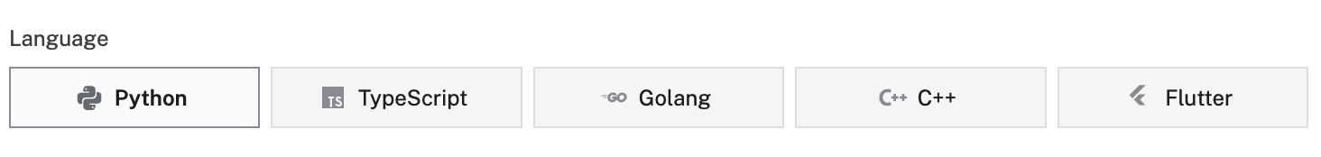 The word Language with four boxes below it with Python, Golang, Typescript (Web), and Remotes in each one. Python has a black background with white text and a checkmark, the other three have white backgrounds with black text.